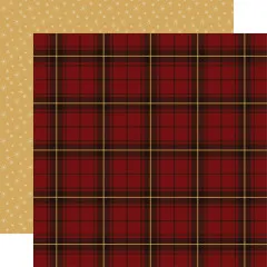Doppelseitiges Papier mit Goldsternen auf cremefarbenem Grund und kariertem Tartan-Muster in Rot-Gold auf Rückseite
