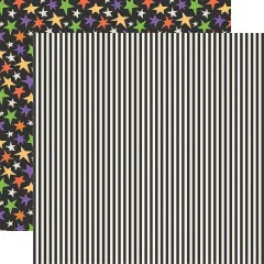 Designpapier mit bunten Sternen auf schwarzem Grund / Rückseite: schwarz-weißes Streifenmuster
