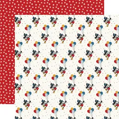 Rotes Sternenmuster kombiniert mit cremefarbenem Papier mit Micky Maus und bunten Ballons im wiederholten Muster