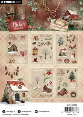 Vier Sticker-Bögen mit Grußtexten, Laterne, Landhaus mit Schneemann, Glocken und Weihnachtsbaum-Lastwagen.