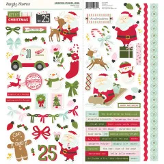 Cardstock-Sticker-Bogen mit Weihnachtsmann-Figuren, Lieferwagen, Schneemann, Lebkuchenmann und Wortstickern im Kringle & Co. Design