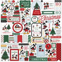 Stickerbogen mit ausgestanzten Elementen: Mickey-Maus, Geschenkanhänger, Spruchbänder und Weihnachtsmotive zum Ausschneiden