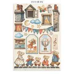 Sticker-Seite mit Häusern, Leuchttürmen, Mond, Wolken, Sternen, Girlande, Maus-Familie und Luftballon-Motiven zum Ausschneiden