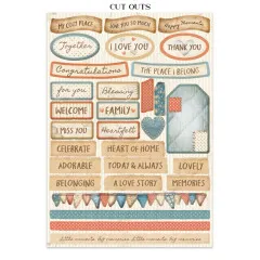Sticker-Seite mit ausschneidbaren Etiketten: "Together", "I Love You", "Family", "Welcome", Herzen und Grußtexte in Braun, Blau und Rot
