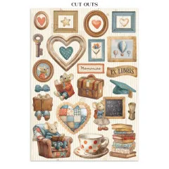 Sticker-Seite mit Rahmen, Schlüssel, Herzen, Maus-Figuren, Tasse, Teddybär im Sessel, Blüten und Koffer-Motiven zum Ausschneiden