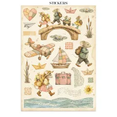Zweite Sticker-Seite mit Mäusefiguren, Flugzeug, Boot, Herzen, Papierbooten und dekorativen Elementen