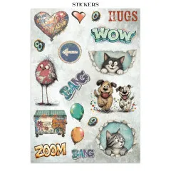 Stickerbogen mit Katzen, Hunden, Vogel, Herzen, Ballons und Wörtern wie Wow, Hugs, Bang und Zoom