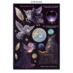 Stickerbogen mit Pegasus-Reiterin, Kristallkugel, Erde, Hexe mit Buch und Sprüchen