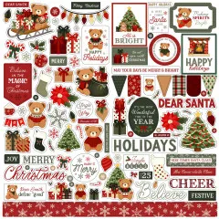 Stickerbogen mit über 50 Motiven: Teddybären, Sprüche, Girlanden, Geschenke, Kugeln, Weihnachtsbäume und Festtagsgrüße