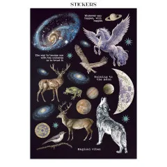 Stickerbogen mit Galaxie, Pegasus, Hirschen, Wolf, Frosch, Planeten, Mondsichel und Sprüchen