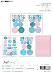 Rückseite mit Produktinfos (5 Bogen, A6, 5 Designs) und verkleinerter Vorschau von zwei der fünf runden Sprüche-Stickerbogen in Blau/Flieder/Rosa