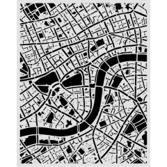 Stamperia Stencil Street Map Schablone, Nahaufnahme des Motivs mit Straßenzügen, Häuserblöcken und geschwungenem Fluss in Schwarz-Weiß
