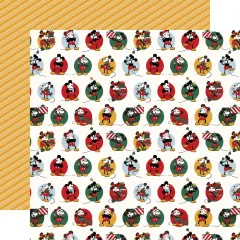 Designpapier mit Streifenmuster in Gelb-Orange und Mickey-Maus Motiven in farbigen Kreisen
