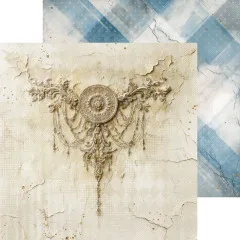 Strukturpapier mit goldenem Kronleuchter-Stuckornament auf cremefarbenem Putz