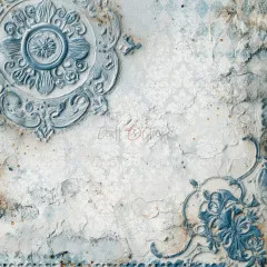 Strukturpapier mit blauem Stuck-Rosettenmedaillon und Rankenornament