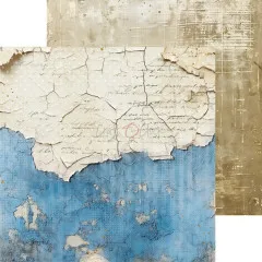 Strukturpapier mit Zeitungstext-Collage und abblätternder blauer Farbe