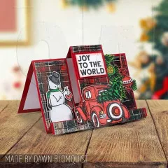 Stufenkarte mit Schneemann und rotem Oldtimer und Text Joy to the world
