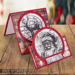Stufenkarte mit Hirsch und Weihnachtsmann in Kreisen auf Karopapier