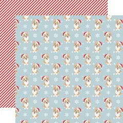 Designpapier mit wiederholendem Muster von süßen Corgis in Weihnachtsmützen und Schneeflocken auf Hellblau, rotes Streifenmuster auf Rückseite