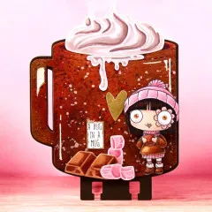 Braune Tassenkarte mit rosa Sahnehaube, Marshmallows, Schokolade und gezeichnetem Mädchen