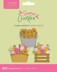 Verpackung des Summer Garden Blumenkörbe-Sets mit drei Korbvarianten – Zinkeimer, Picknickkorb und Holzkiste, gefüllt mit bunten Blüten.