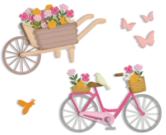 Fertig zusammengesetzte Schubkarre voller bunter Blüten und rosa Fahrrad mit Blumenkörben und Vogel, umgeben von Schmetterlingen.