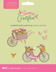 Verpackung des Summer Garden Blumenkarre & Fahrrad Sets mit blumengefüllter Schubkarre und rosa Fahrrad mit Blumenkörben.