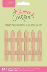 Verpackung des Summer Garden Gartenzaun-Sets mit hellbraunem Holzzaun-Motiv aus Metallstanze und Holzmaserungs-Schablone.