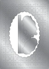 Die Metall-Stanzteile des Spalier-Rahmens mit filigranem Blütenmuster und dem separaten Hinweisschild-Element, freigestellt.