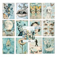 Alle 12 Einzelmotive des Surreal Flight Paper Pads: Auge, Lippen, Mond, Seiltänzer und Frauenportraits mit Schmetterlingen in Blau.