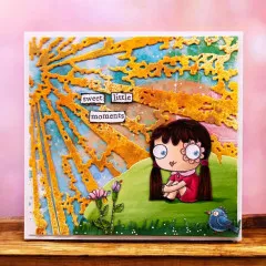 Kreative Karte: Cartoon-Mädchen mit langen braunen Haaren, grüne Wiese, oranger Strahlen-Baum, goldene Glitzer-Effekte, Text-Details