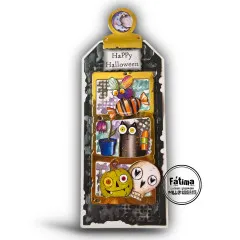 Tag mit Fächern, Kürbis, Totenkopf, Eule und Etikett Happy Halloween