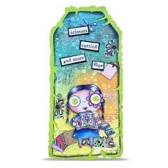 Buntes Basteltag-Etikett verziert mit Janet Klein Card Maker Stempeln und Texten
