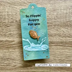 Handgemachter Geschenkanhänger mit springendem Fisch und Spruchstempel
