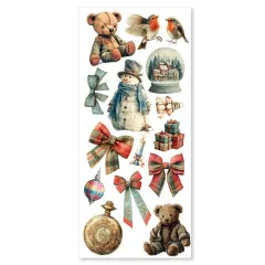 Transparenter Klebebogen mit Teddybär, Schneemann, Rotkehlchen und Schleifen im Design Merry & Bright
