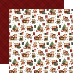 Weißes Designpapier mit Teddybären in roten und grünen Pullovern, Weihnachtsschmuck, Kamin und Rentier
