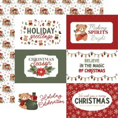Designpapiere mit Teddybären im Schlitten, Sprüchen wie Holiday Greetings und Making Spirits Bright in Rot-Grün-Weiß