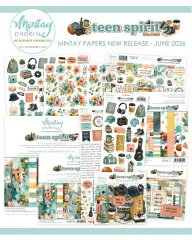 Werbecollage zur Mintay-Papers-Kollektion 'Teen Spirit' mit Papiersets, Stickern und Ephemera.