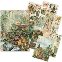 Übersicht aller 8 Reispapier-Bögen im Design „The Nature Journal“ mit Wald-, Pilz- und Tiermotiven