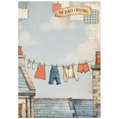 Reispapier Motiv: Wäscheleine mit Kleidung zwischen Schornsteinen, Text 'The Place I Belong', Himmel