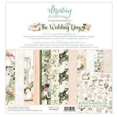 Verpackung des 12x12 Paper Pads 'The Wedding Day' mit Vorschau aller Papierdesigns und Bonuselementen auf der Rückseite.