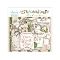 Verpackung des Wedding-Day-Ephemera-Packs mit Fotorahmen, Schmetterlingen und dem Banner 'Love Grows Here'.