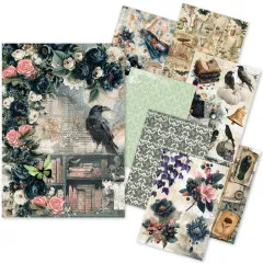 Übersicht aller 8 Reispapier-Bögen im Design „The Witch's Grimoire“ mit gotischen Raben-, Blumen- und Zauberbuch-Motiven