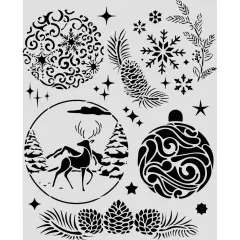 Stamperia Dicke Schablone mit Weihnachtskugel-Motiven, Schneeflocken, Tannenzapfen und Hirschmotiv im Rund.