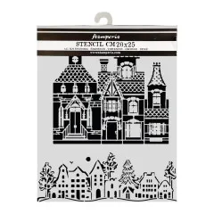 Stamperia Schablone 20x25 cm mit reich verziertem viktorianischem Herrenhaus und Dorfsilhouette am unteren Rand.