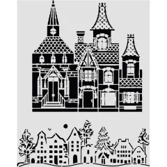 Stamperia Dicke Schablone mit detailreichem viktorianischem Haus und kleiner Dorfsilhouette.