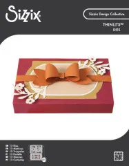 Verpackung der Sizzix Thinlits-Stanzform "Bloom and Bow Box": bordeauxfarbene Box mit gestanzter Schleife und Blütenrahmen.