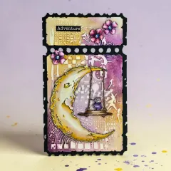 Schwarzes Golden Ticket mit Mond, Schaukel, Blüten und Etikett Adventure