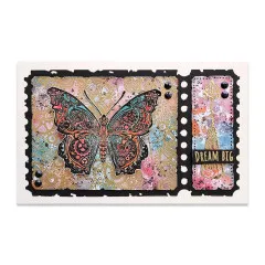 Schwarzes Golden Ticket mit Steampunk-Schmetterling und Etikett Dream big