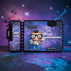 Lila Ticket mit Figur mit Brille, geprägtem Sternenmuster und Etiketten Happiness, Originality